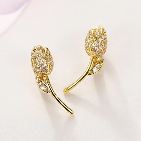 🎁 Flower Shape CZ Earring Studs for Women18k Gold Plating Earrings, HA4505 - Picture 3 of 4